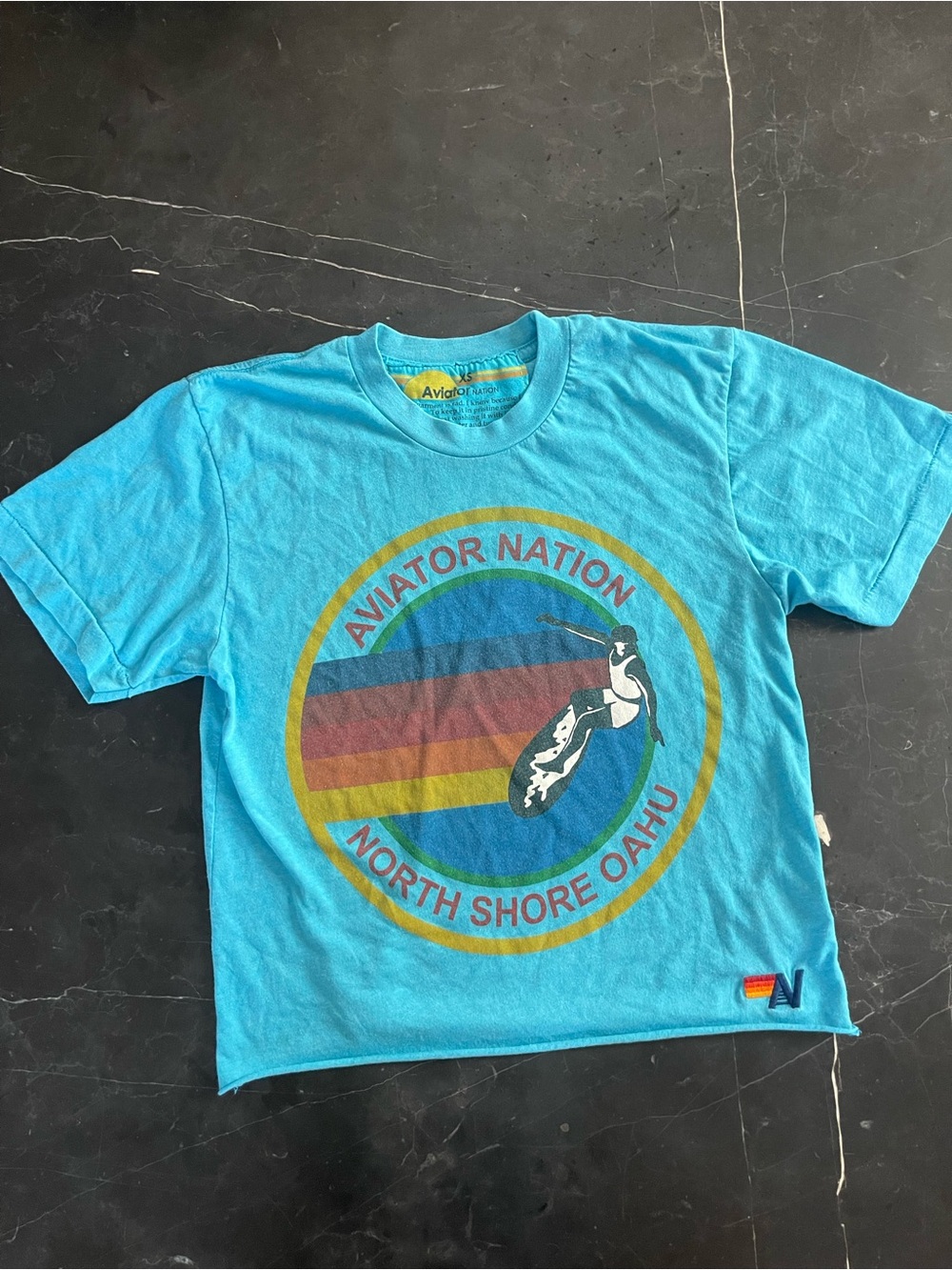 Aviator Nation Blue Crewneck Tee with Retro Sun Graphic Sixe XS
